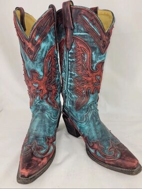 Corral Cowgirl Vintage SnipToe Distressed Turquoise Red Eagle Boots Women Sz 9.5